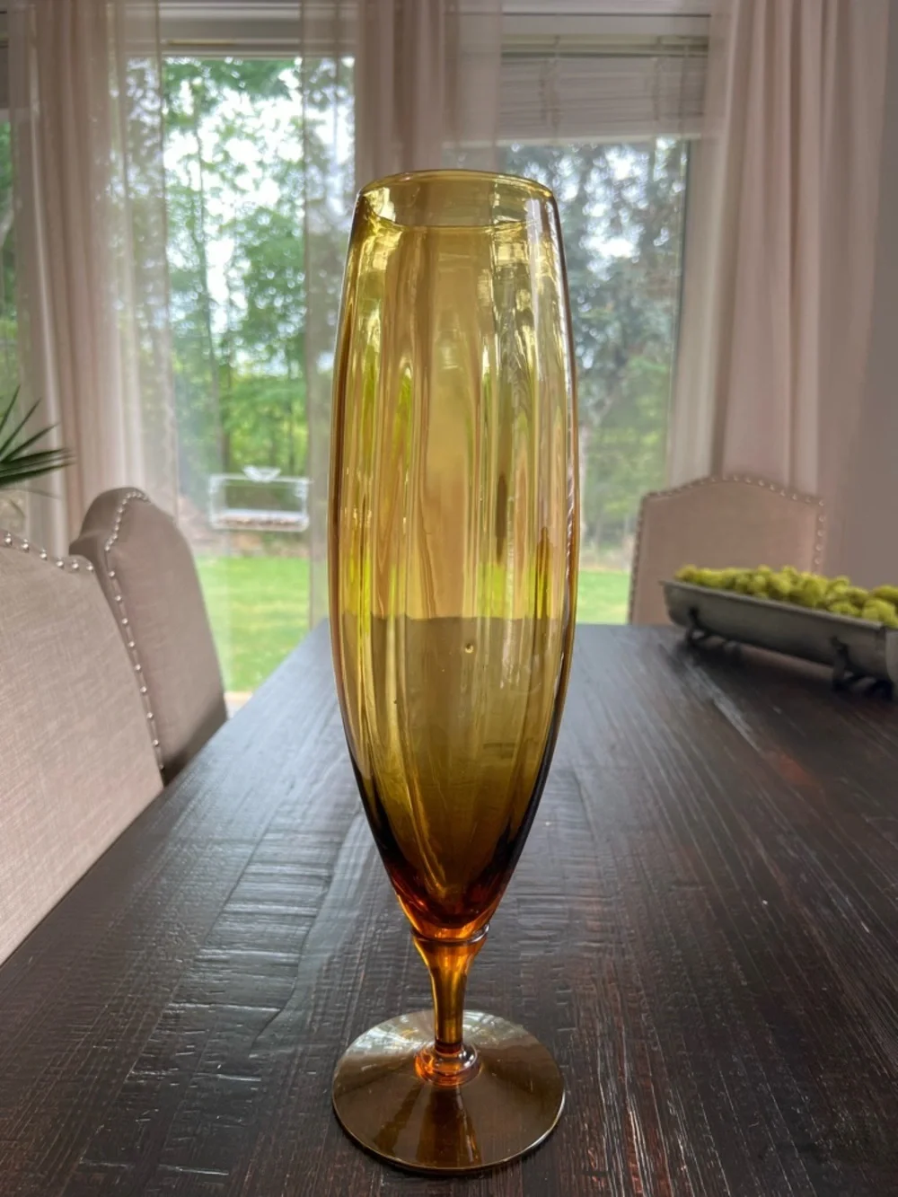 Tall Amber Glass Stem Vase 16.5” Mid Century Modern Decor Optic Panel
